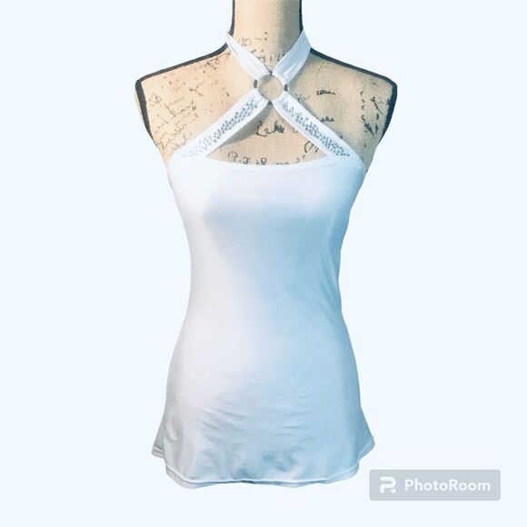 White Rhinestone Halter Top/ Dress with Silver O Ring - Picture 1 of 4